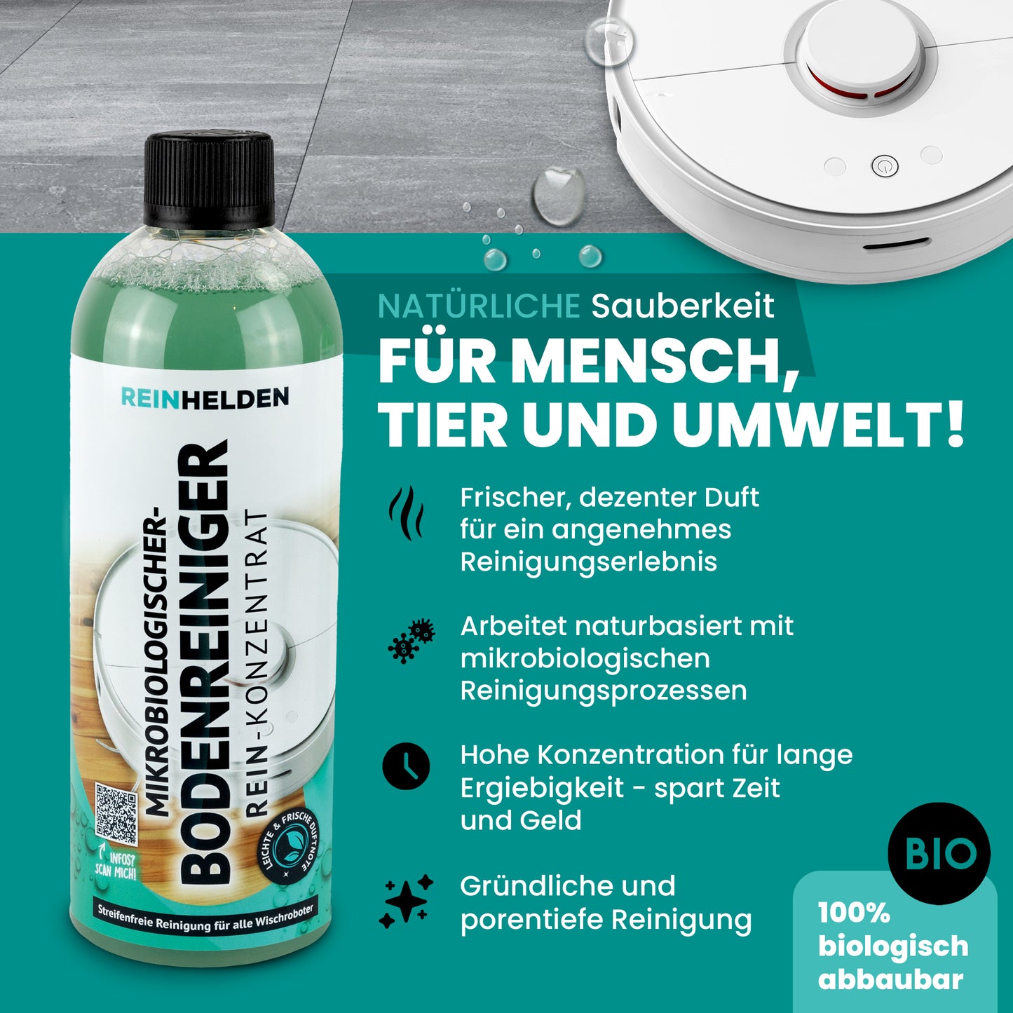 REINHELDEN® Bodenreiniger REIN-Konzentrat für Wischroboter & Saugwischer 750ml mit MIKROORGANISMEN